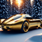 Golden Sports Car Parked on Snowy Road with Pine Trees and Twilight Sky