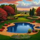 Manicured garden with blooming flowers and reflective pond at sunset