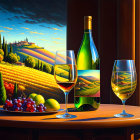 Vineyard scenery with wine bottle, glass, grapes, and vine leaves on wooden ledge