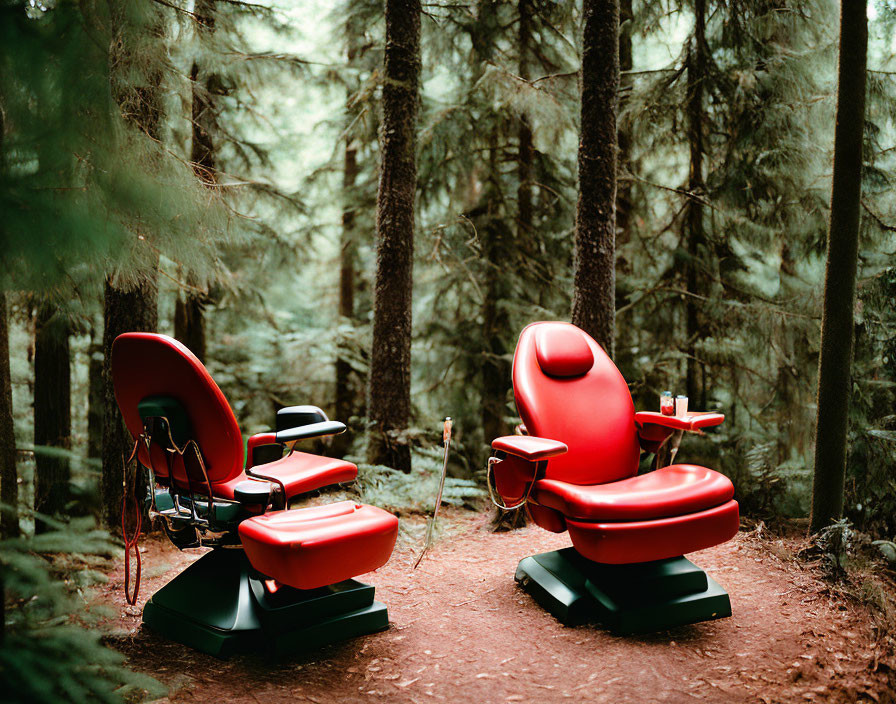 Red Barber Chairs in Forest Clearing Surrounded by Pine Trees
