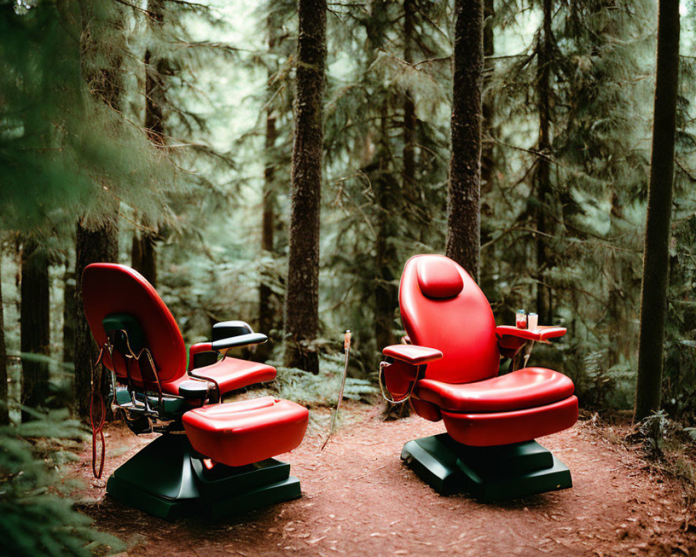 Red Barber Chairs in Forest Clearing Surrounded by Pine Trees