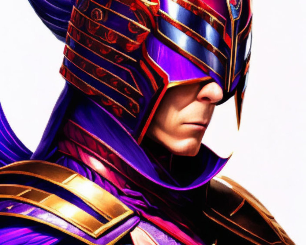 Colorful Fantasy Armor Helmet with Purple Cloak: Heroic and Mysterious Character