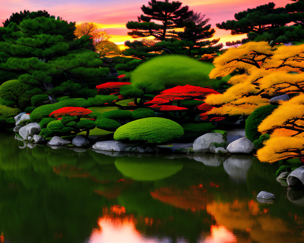 Colorful Trees Reflecting in Serene Japanese Garden Sunset