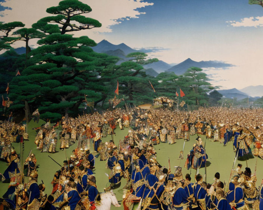 Traditional Japanese warriors in vibrant historical painting