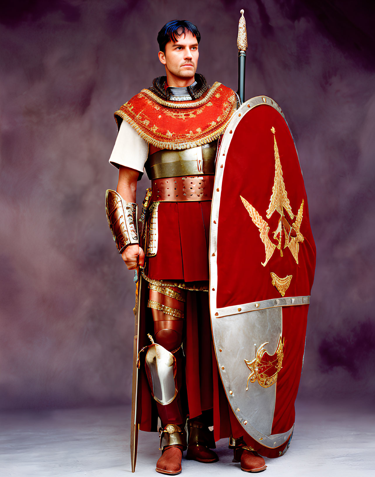 Elaborate Roman soldier costume with shield and spear on gray backdrop