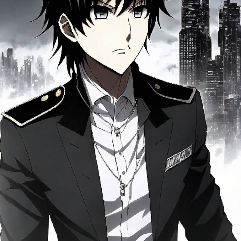 Anime character with black hair in military jacket against cityscape.