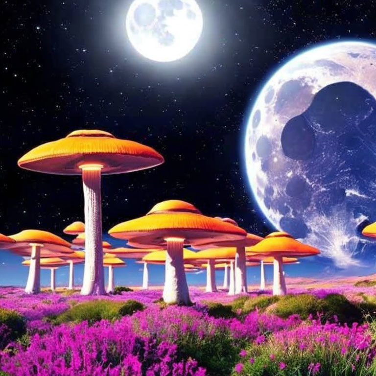 Colorful Fantasy Landscape with Orange Mushrooms, Purple Flowers, and Two Moons