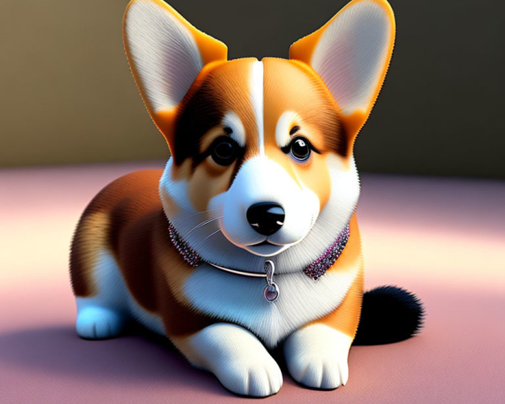 Realistic 3D illustration of cute Corgi puppy on dual-tone backdrop