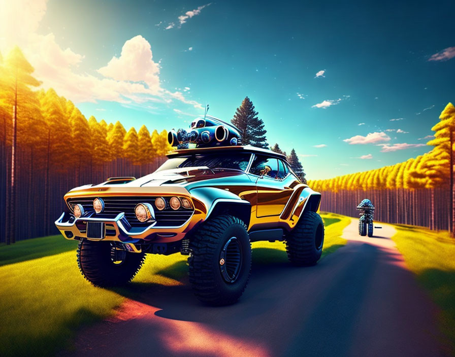 Stylized image of classic car and robot on motorcycle in rural setting