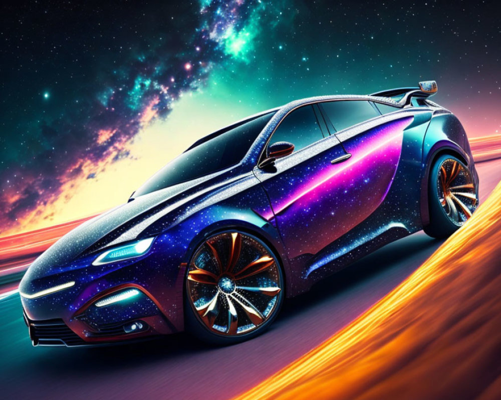 Galaxy-themed futuristic car on cosmic road with vibrant sky
