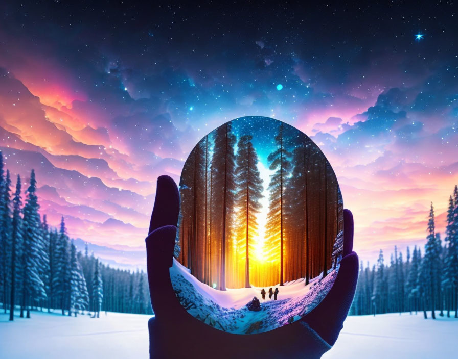 Crystal ball reflecting sunlit forest path against twilight sky