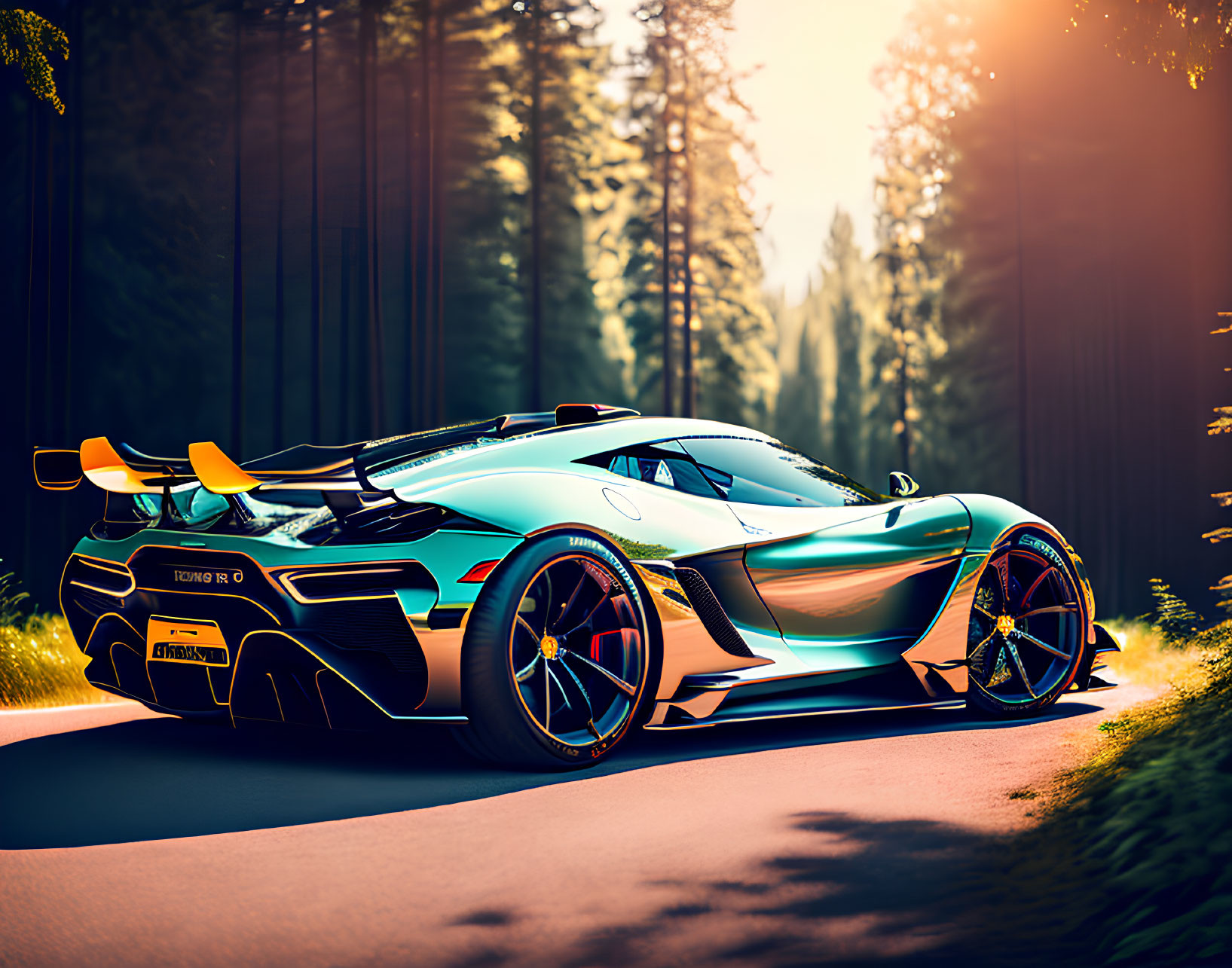 Vibrant sports car with reflective paint in forest setting