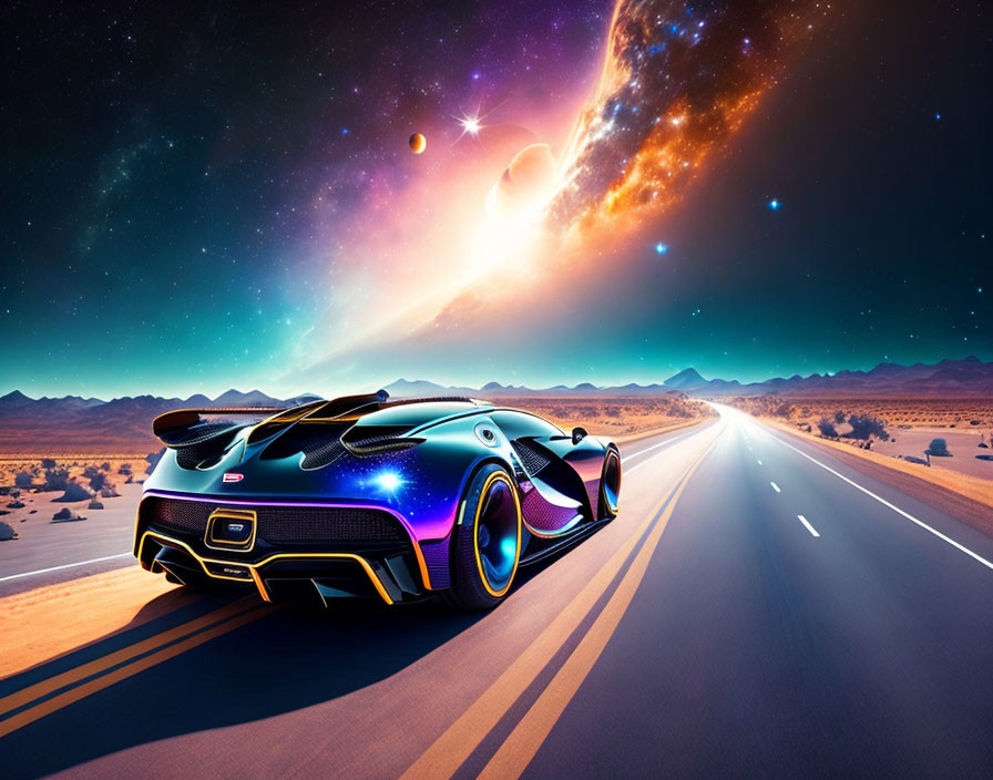 Futuristic sports car on desert highway under starry sky