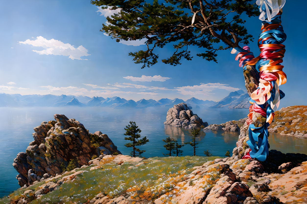 Colorful ribbon-wrapped tree by serene lake with rocky outcrops and mountains under clear sky