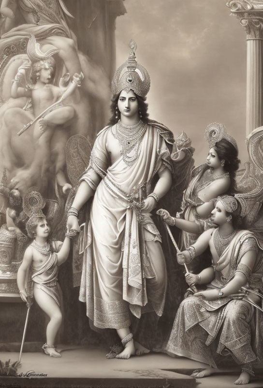 Monochrome illustration of regal figure in traditional attire with three individuals paying homage