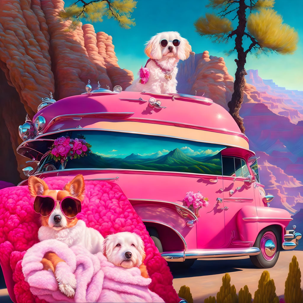 Colorful Dogs in Sunglasses with Pink Car in Desert Landscape