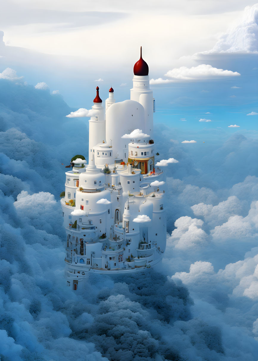 Fantastical tower with red-tipped spires in fluffy clouds