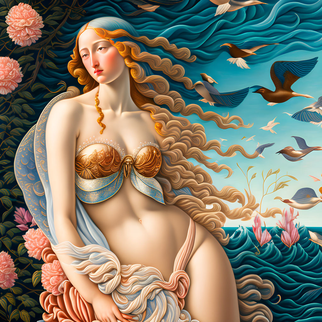 Colorful painting of woman with flowing hair and brassiere in nature scene