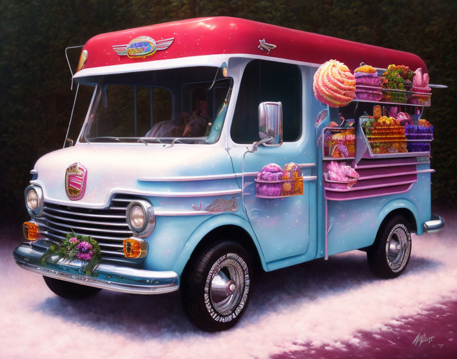 Whimsical vintage ice cream truck with vibrant desserts on dreamy backdrop
