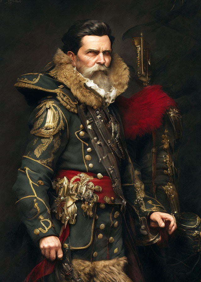 Regal man in military uniform with gold epaulets and sword hilt