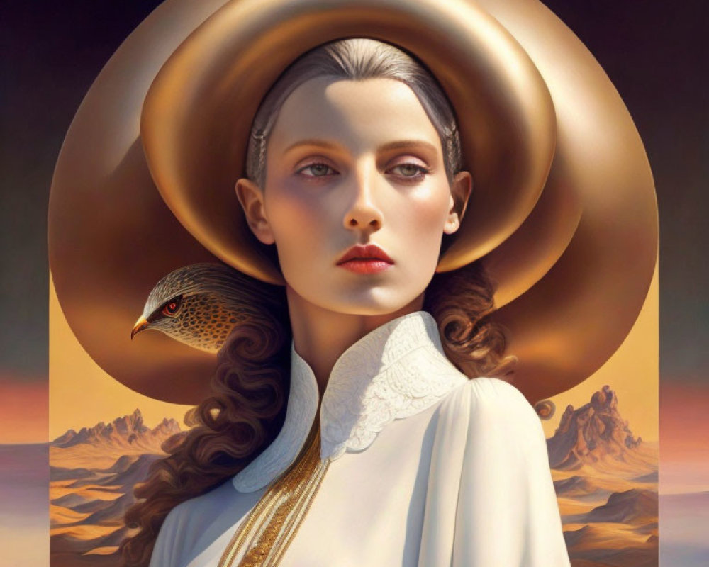 Portrait of woman with halo and falcon in desert landscape