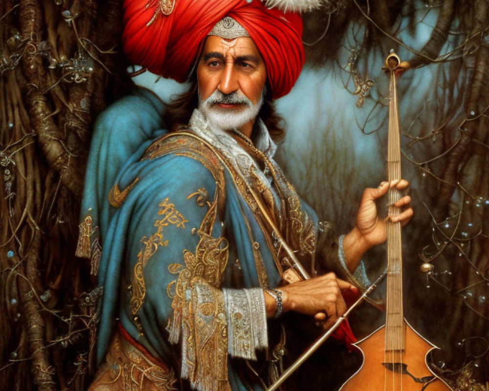 Man in Red Turban Playing String Instrument in Ornate Clothing