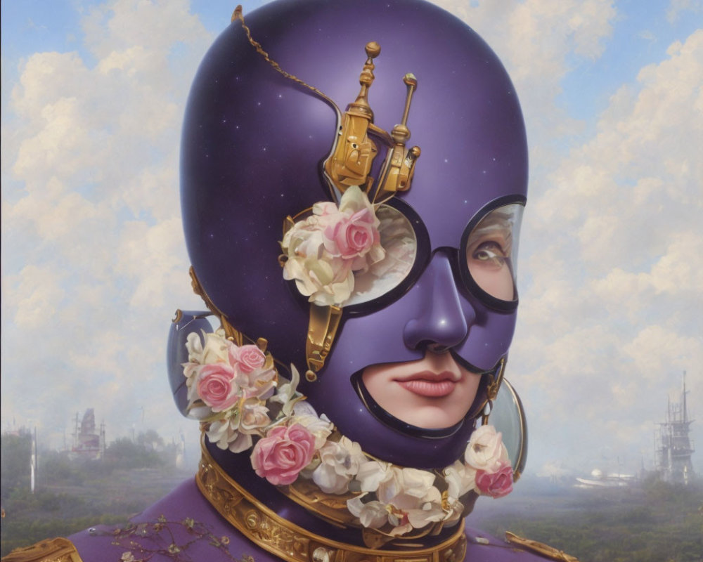 Surreal portrait: knight's helmet fused with feminine face, floral and classical art elements, cloudy
