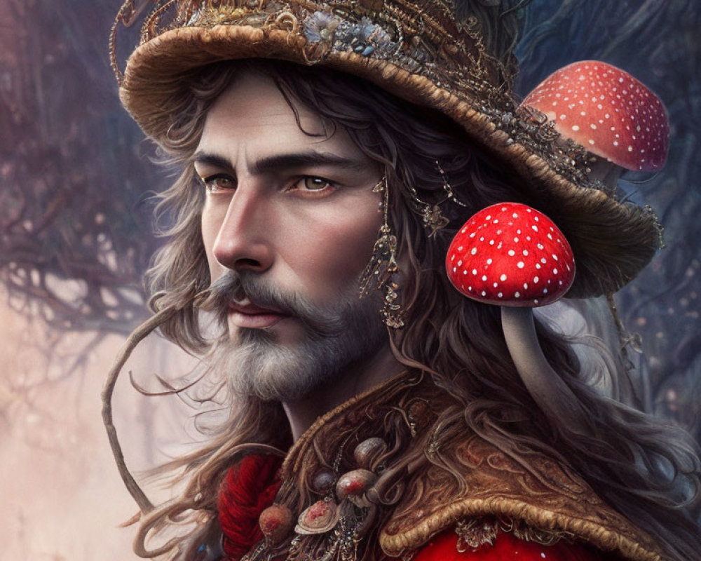 Man with Mushroom-Decorated Hat in Red Fantasy Outfit
