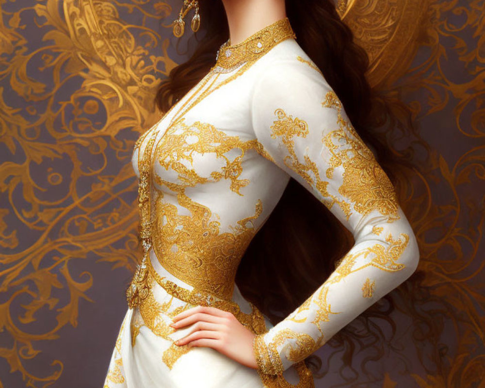 Stylish woman in white and gold dress with intricate patterns and jewelry on golden backdrop