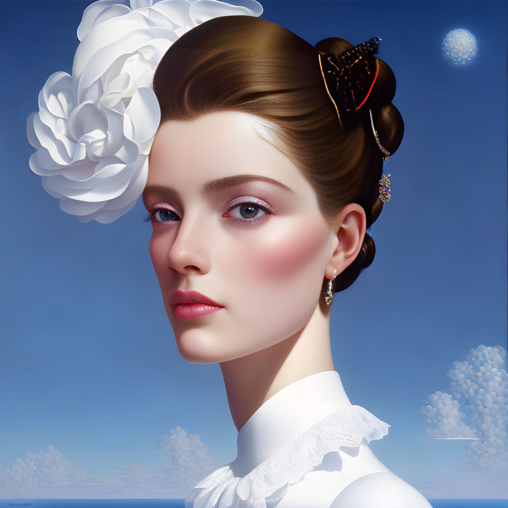 Portrait of woman with brown hair, white flower, blue sky, and moon.