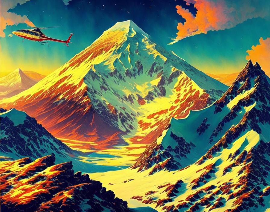Mountainous Landscape Sunset Illustration with Helicopter Flying