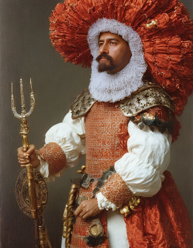 Man in Historical Costume with Ruffled Collar and Trident
