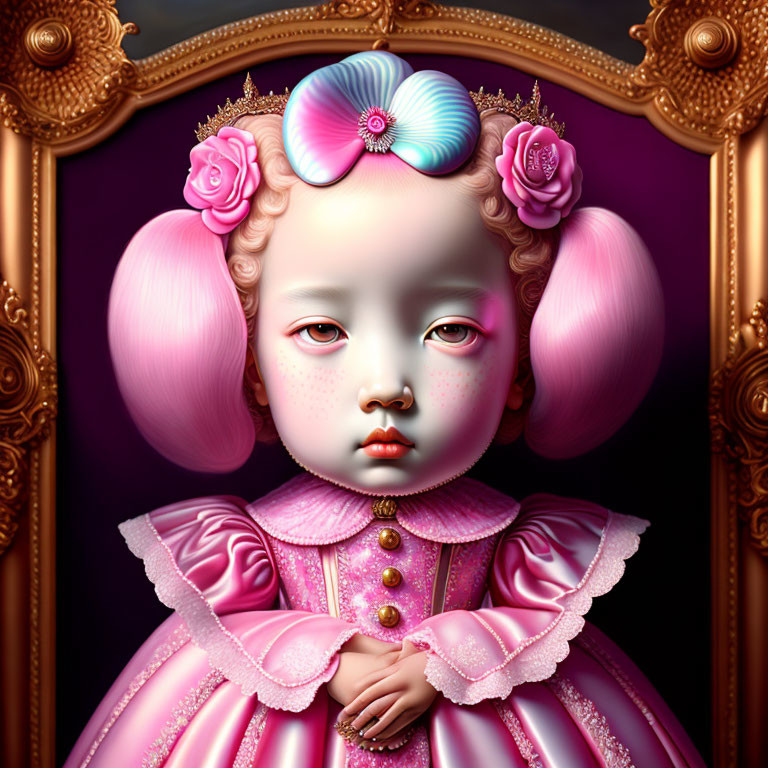 Surreal portrait of child with pink hair and floral attire in golden oval frame