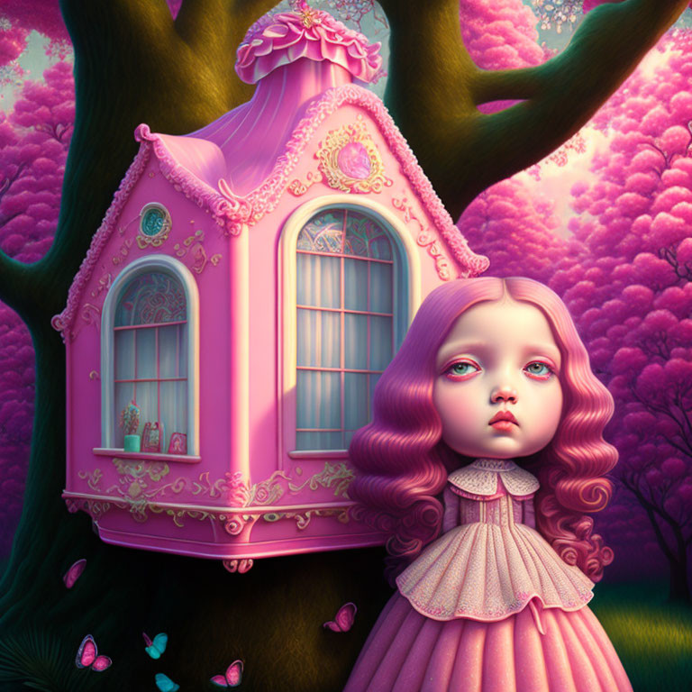 Girl with large eyes in front of whimsical pink treehouse and forest with butterflies