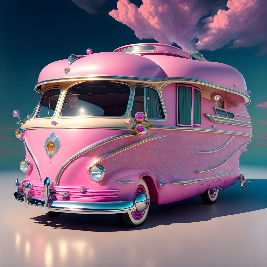 Vintage-Style Bus with Pink and Silver Exterior under Pink Clouds