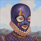 Surreal portrait: knight's helmet fused with feminine face, floral and classical art elements, cloudy