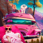 Colorful Dogs in Sunglasses with Pink Car in Desert Landscape