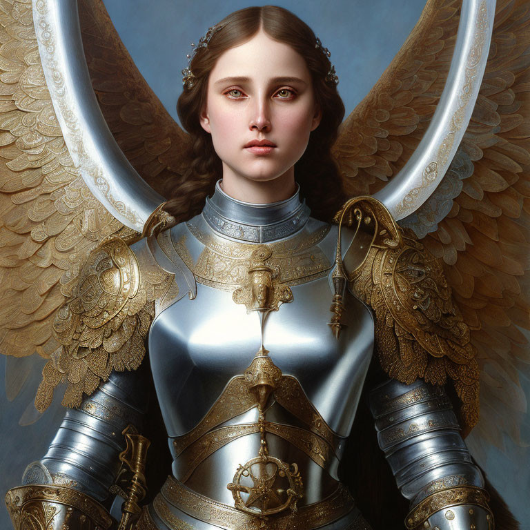 Digital Artwork: Woman with Angel Wings in Silver Armor