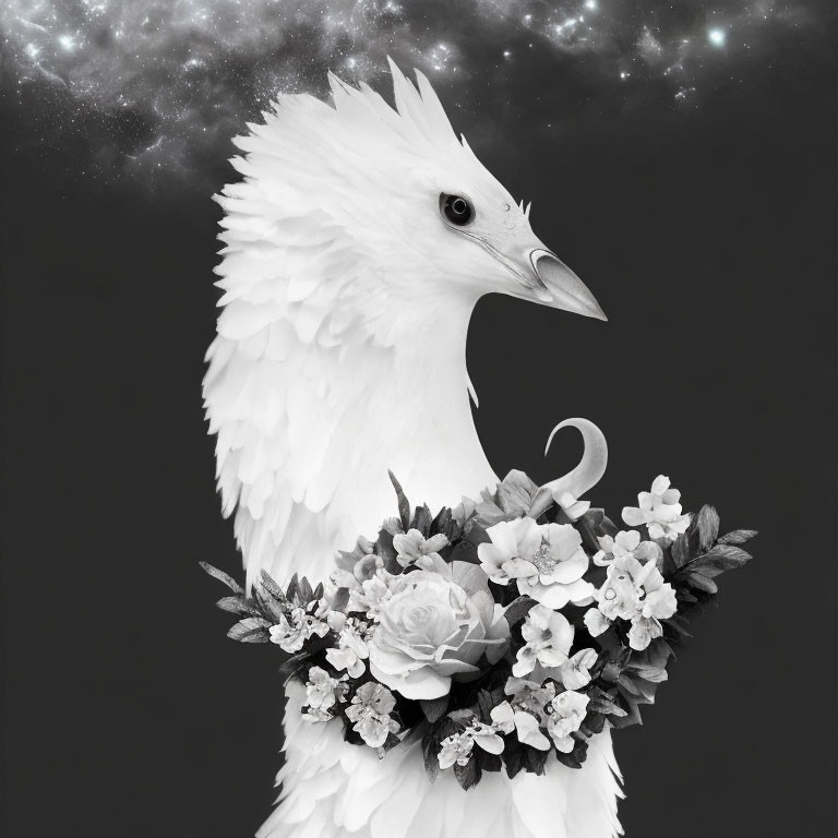 Monochromatic surreal bird with white feathers and floral neck against starry backdrop