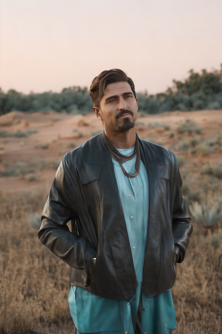 Man in teal shirt and black leather jacket in desert at dusk
