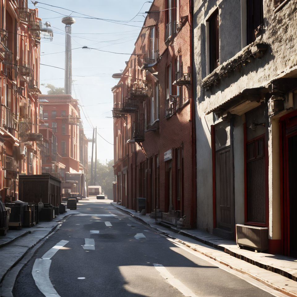 Weathered urban street scene with old buildings in soft sunlight