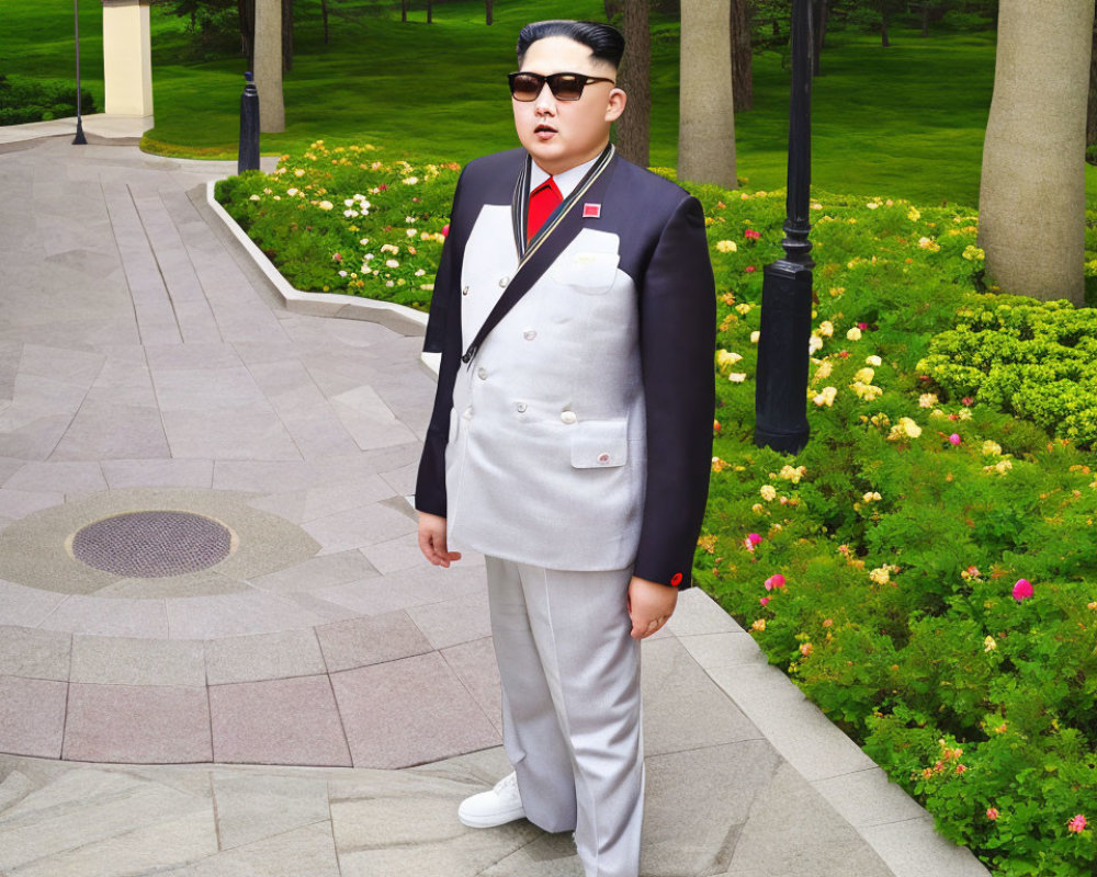 Political Figure Look-Alike in Sunglasses & Suit on Pathway