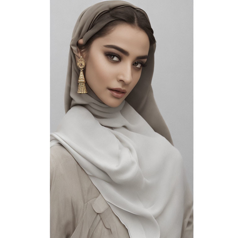 Woman in light-colored hijab and outfit with gold earrings, subtle makeup gazes at camera