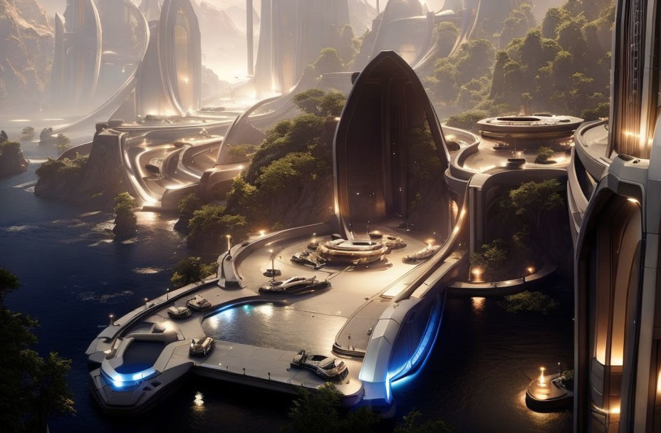 Sleek Futuristic Cityscape with Illuminated Bridges and Advanced Vehicles