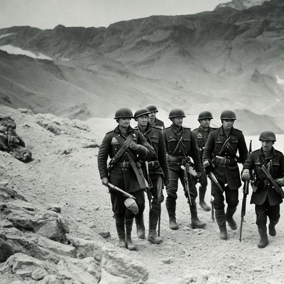 Vintage soldiers marching in rocky terrain with mountains.