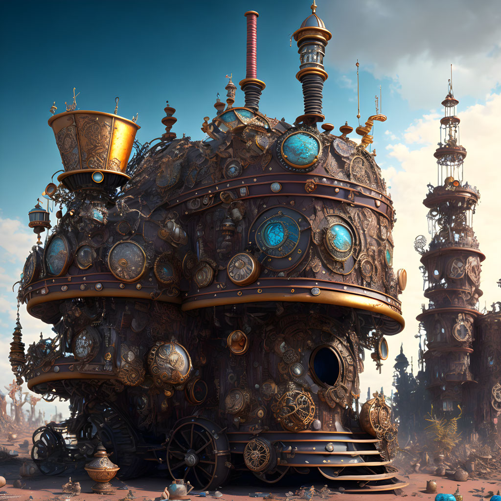 Steampunk building with circular windows and ornate towers in clear blue sky