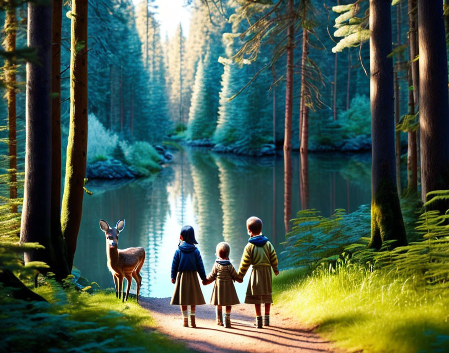 Children holding hands near forest stream with deer in sunlight.