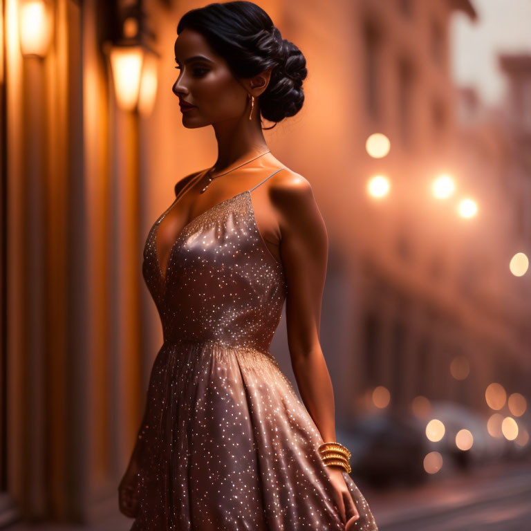 Glamorous woman in evening gown on city street at twilight