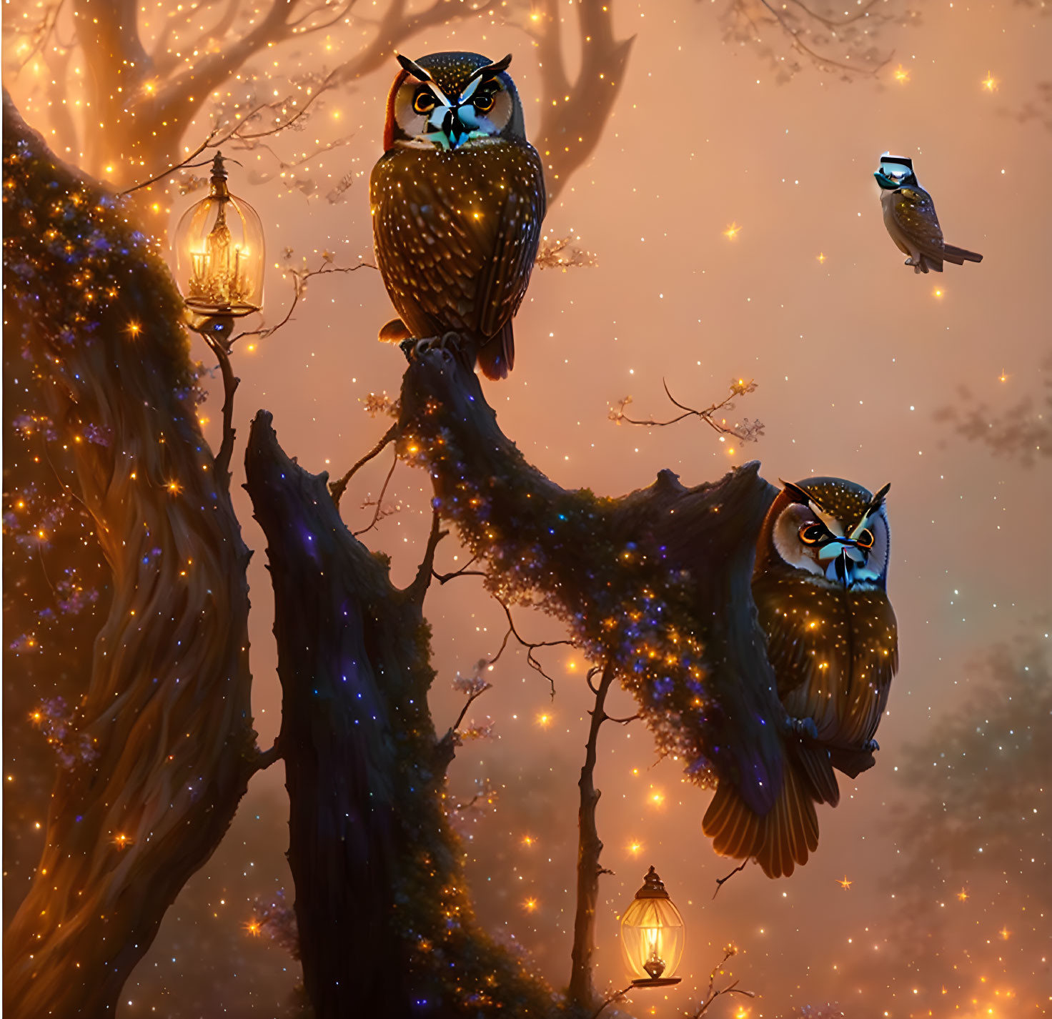 Three owls on tree branches with fairy lights and lanterns in twilight