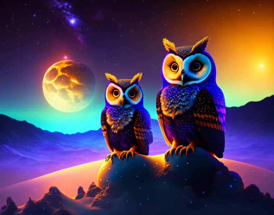 owls in the night on a magical planet on rocks